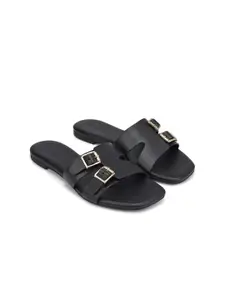 ROSSO BRUNELLO Women Solid Square Toe Leather Open Toe Flats With Buckle