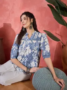 Sangria Floral Printed Pure Cotton Mandarin Collar Puff Sleeve Top