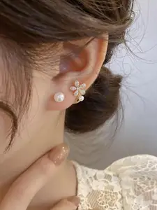 Vembley Women Gold Plated Korean Studded Flower White Pearl Stud Earrings
