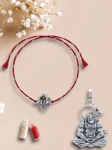 De Flossy Silver 2-Pcs Rakhi With Lord Hanuman Pendant With Roli Chawal Gift Set