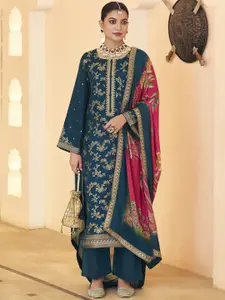 Stylee Lifestyle Navy Blue Dola Silk Jacquard Embroidered Dress Material
