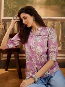 Sangria Women Ethnic Motifs Print Mandarin Collar Pure Cotton Shirt Style Top