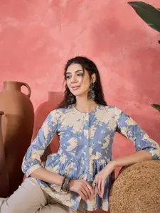 Sangria All Over Women Floral Printed Gathered or Pleated Pure Cotton Peplum Top