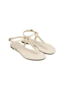 ROSSO BRUNELLO Women Solid Ankle Loop Leather T Strap Flats