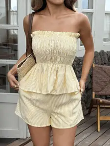 MIAKEE Striped Off Shoulder Top With Shorts Co-Ords