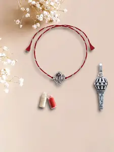 De Flossy Silver Set Of 2 925 Silver Ganesha Thread Rakhis With Hanuman Gadha Pendant