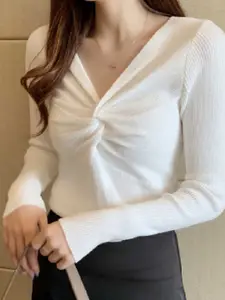 StyleCast Women V-Neck Twist Front Ribbed Solid Top