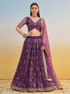 FABPIXEL Embroidered Sequinned Net Semi-Stitched Lehenga & Unstitched Blouse With Dupatta
