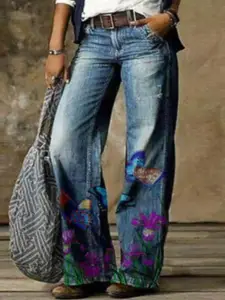 StyleCast Women Floral Printed Wide Leg Fit Light Fade Mid-Rise Jeans