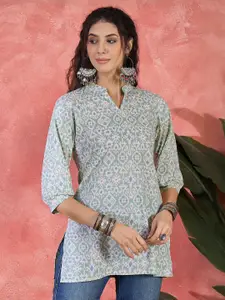 Sangria Ethnic Motifs Printed Mandarin Collar Pure Cotton Straight Kurti