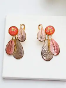 AVANT-GARDE PARIS Gold Plated Artificial Stones Studded Leaf Enamelled Drop Earrings