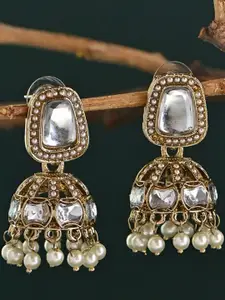Fida Gold-Plated Kundan Stones Studded & Pearls Beaded Dome Shaped Jhumkas