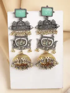 KARATCART Gold-Plated Dome Shaped Kundan Studded & Beaded Oxidized Jhumkas