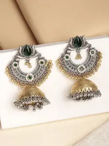 KARATCART Gold-Plated Dome Shaped Kundan Studded & Beaded Lotus Motif Oxidized Jhumkas