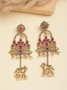 KARATCART Gold-Plated Contemporary Nandi Motif Kundan Studded & Pearl Beaded Drop Earrings
