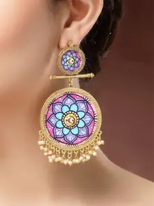 KARATCART Gold-Plated Kundan Studded & Pearls Beaded Mandala Art Dangler Chandbalis