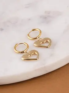 PALMONAS Gold-Plated Stainless Steel Dangling Heart Shaped Anti-Tarnish Hoop Earrings