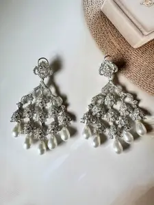 The Jewellery Tale Stainless Steel Silver Plated Artificial Stones Studded Drop Earrings