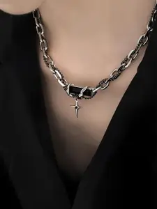 Goho Women Silver-Plated Silver-Toned and Black Minimal Choker Necklace