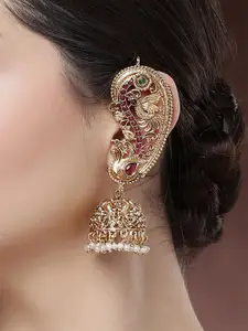KARATCART Gold-Plated Dome Shaped Peacock Design Kundan & Pearls Jhumkas Earrings
