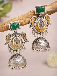 KARATCART Silver-Plated Dome Shaped Kundan Studded & Beaded Oxidised Jhumkas