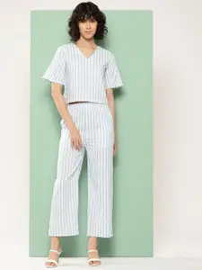 all about you Striped Pure Cotton V-Neck Top With Trousers Co-Ords