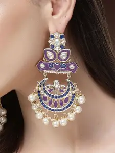 KARATCART Gold-Plated Contemporary Meenakari Kundan Studded & Pearls Beaded Chandbalis