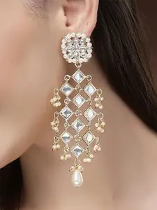 KARATCART Gold-Plated Contemporary Kundan Studded & Pearl Beaded Drop Earrings