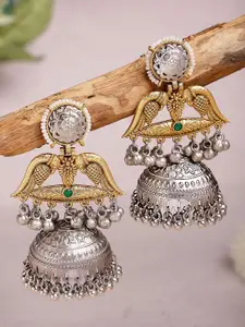 KARATCART Gold-Plated Dome Shaped Kundan Studded & Beaded Bird Motif Jhumkas