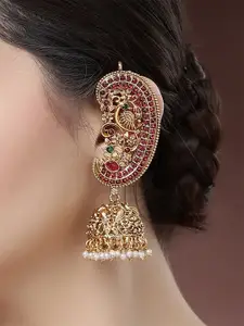 KARATCART Gold-Plated Dome Shaped Peacock Kundan Studded & Beaded Jhumkas