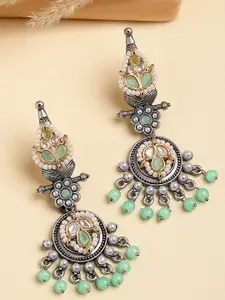KARATCART Silver Plated Kundan Studded & Beaded Contemporary Oxidized Drop Earrings
