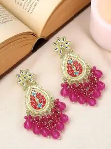 FEMMIBELLA Gold Plated Kundan Studded Meenakari  Teardrop Shaped Drop Earrings