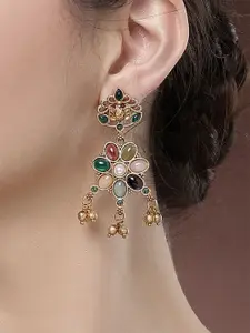 KARATCART Gold-Plated Floral Lotus Motif Kundan Studded Drop Earrings