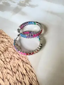 The Jewellery Tale Stainless Steel Silver Plated Artificial Stones Studded Hoop Earrings