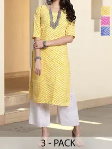 Anouk Rustic Women Pack Of 3 Leheriya Printed Round Neck Kurtis