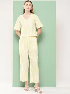 all about you Striped Pure Cotton V-Neck Top With Trousers Co-Ords