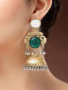 KARATCART Gold-Plated Dome Shaped Bird Motif Kundan Studded & Beaded Jhumkas