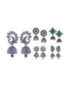 Sangria Set of 5 Silver-Plated Oxidised Dome Shaped Jhumkas
