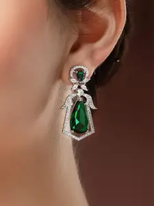 KARATCART Silver-Plated Contemporary American Diamond Studded Drop Earrings