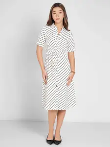 Annabelle by Pantaloons Women Striped Belted Monochrome Formal Fit & Flare Midi Dress