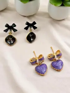 KRENOZ Set Of 2 Gold-Plated Artificial Stones Studded Heart Shaped Drop Earrings