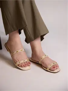 CAI Women Two Strap Cream Stud Open Toe Flats