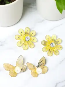 KRENOZ Set Of 2 Gold Plated Artificial Stones Studded Floral Drop Earrings