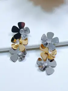 AVANT-GARDE PARIS Stainless Steel Silver Plated CZ Studded Floral Shaped Drop Earrings