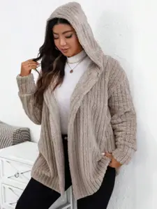 Sztori Women Plus Size Ribbed Hooded Woolen Longline Jacket