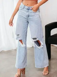 StyleCast Women Wide Leg Mid-Rise Mildly Distressed Light Fade Stretchable Jeans