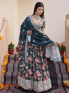 KALINI Embroidered Sequinned Silk Semi-Stitched Lehenga & Unstitched Blouse With Dupatta