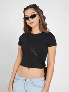 People Women Round Neck Cotton Fitted Crop Top