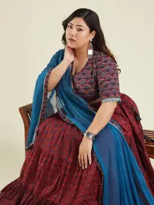 Janasya Printed Ready to Wear Pure Cotton Lehenga & Blouse With Dupatta