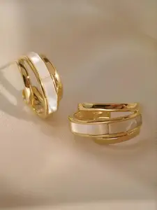 VAGHBHATT Women Gold And White Textured Dual Line Classic Hoop Earrings